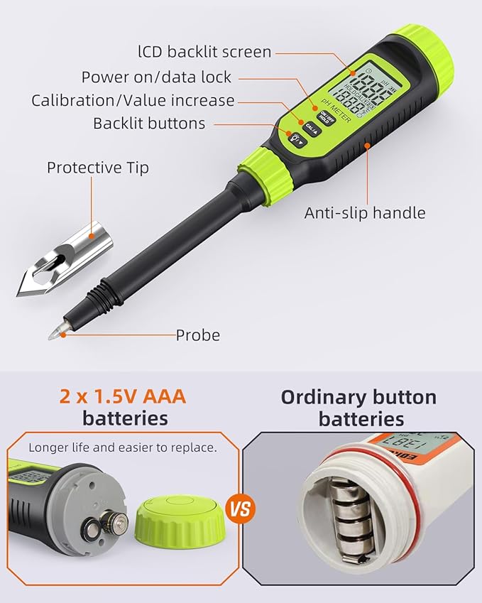 Digital Soil pH Meter – LCD Display with Sensitive Probe & Zinc Alloy Tip, Garden & Lawn Tester with 2 Batteries