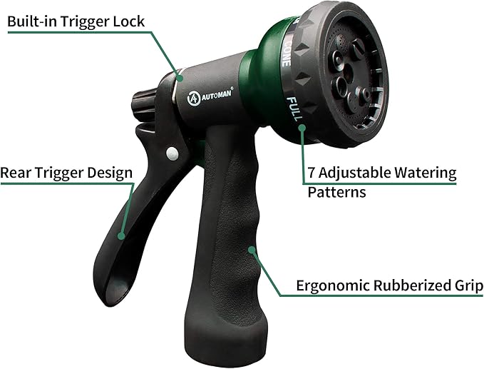 7-Pattern Garden Hose Nozzle, ABS Water Spray Nozzle with Slip-Resistant Design for Plant Watering, Lawn Care, Car Washing, Pet Bathing, Cleaning, and Outdoor