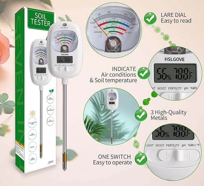 7-in-1 Soil Test Kit – Moisture, pH, Fertility, Temperature, Air Humidity, and Dual Screen Soil Tester for Gardening, Lawn, and Farm Use (Indoor & Outdoor)