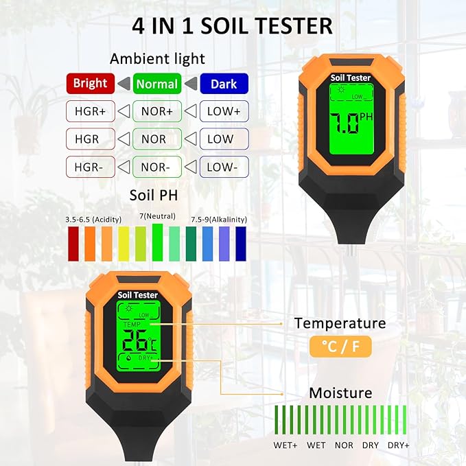 4-i-1 jordfugtigheds- og pH-måler – Digital jordtester med temperatur og sollysintensitet, LCD-baggrundsbelysning til have-, græsplæne-, gård- og indendørs planter