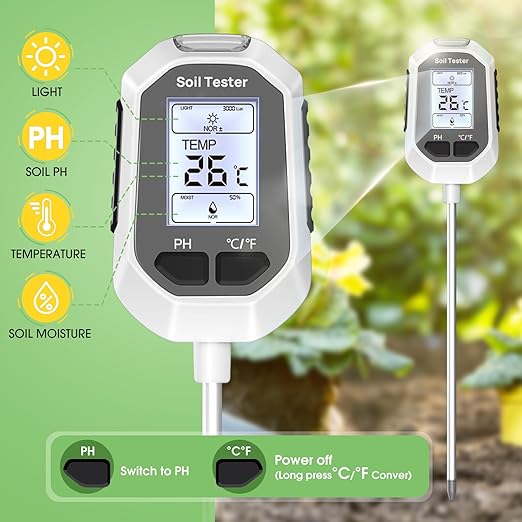 Digital 4-in-1 Soil Test Meter – Measures Moisture, Temperature, pH, and Sunlight with Backlight LCD Display for Gardening & Farming