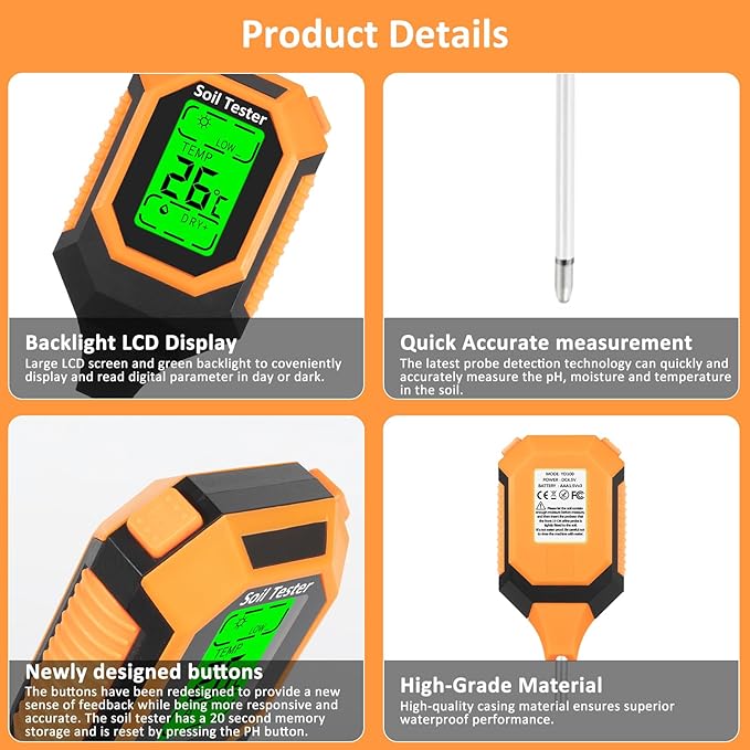 4-in-1 Soil Moisture & pH Meter – Digital Soil Tester with Temperature and Sunlight Intensity, LCD Backlight for Garden, Lawn, Farm, and Indoor Plants