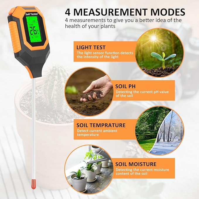 4-in-1 Soil Moisture & pH Meter – Digital Soil Tester with Temperature and Sunlight Intensity, LCD Backlight for Garden, Lawn, Farm, and Indoor Plants