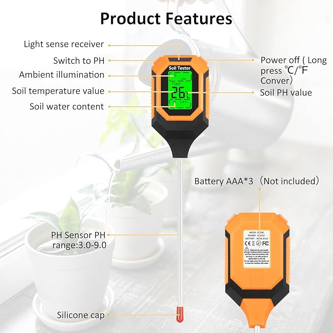 4-in-1 Soil Moisture & pH Meter – Digital Soil Tester with Temperature and Sunlight Intensity, LCD Backlight for Garden, Lawn, Farm, and Indoor Plants