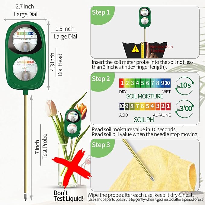 AvocadoGreen 2-in-1 Soil Moisture & pH Meter for Plants, Garden, Lawn & Farm - No Batteries