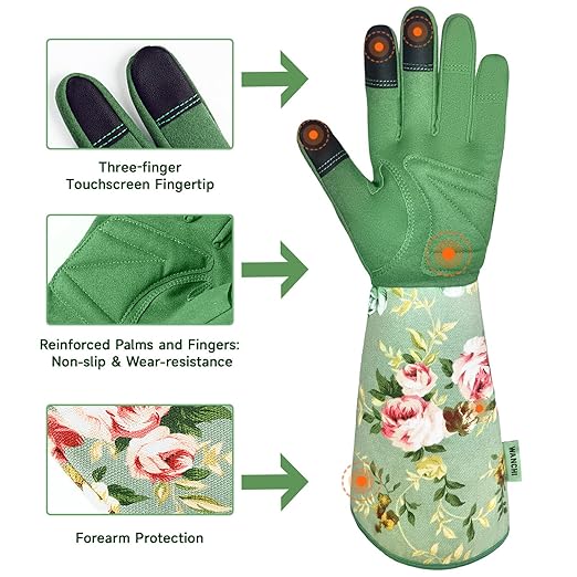 Long Sleeve Leather Gardening Gloves for Women – Durable, Comfy, Cute Green Print for Yard Work