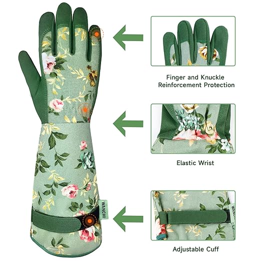 Long Sleeve Leather Gardening Gloves for Women – Durable, Comfy, Cute Green Print for Yard Work