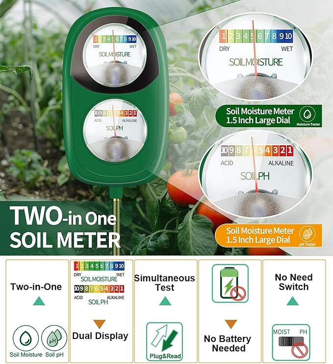 AvocadoGreen 2-in-1 Soil Moisture & pH Meter for Plants, Garden, Lawn & Farm - No Batteries