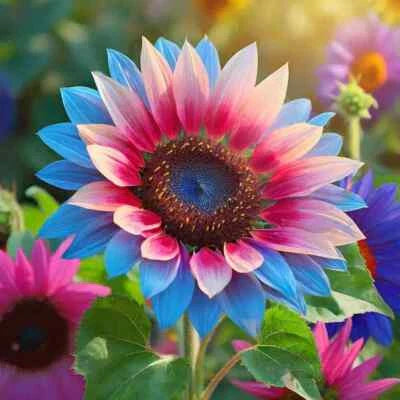 Blue Pink Rare Twin Blossom Over Sunflower Planting Unique Heirloom Variety Non Gmo Flower